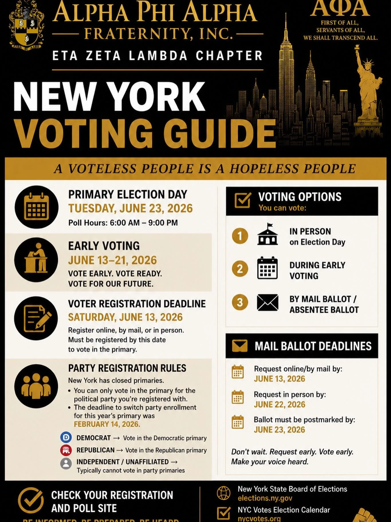 The NY primary election is approaching, and now is the time to make sure you&rsquo;re informed, registered, and prepared to be heard.

Alpha Phi Alpha Fraternity, Inc., Eta Zeta Lambda Chapter proudly presents our New York Voting Guide to help our co
