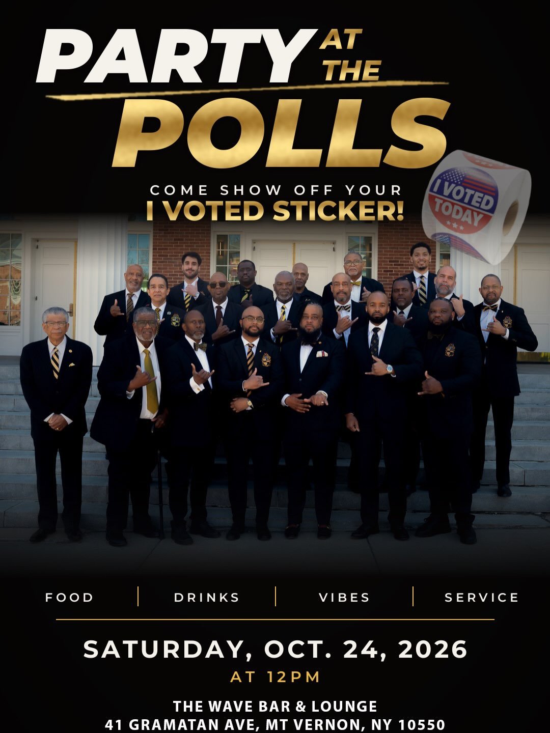 🗳️ PARTY AT THE POLLS MT VERNON! 🖤💛

Join the brothers of Alpha Phi Alpha Fraternity, Inc. &ndash; Eta Zeta Lambda Chapter as we turn civic engagement into vibes and good times 🙌🏾

📅 Saturday, October 24, 2026
🕛 12 PM
📍 The Wave Bar &amp; Lou