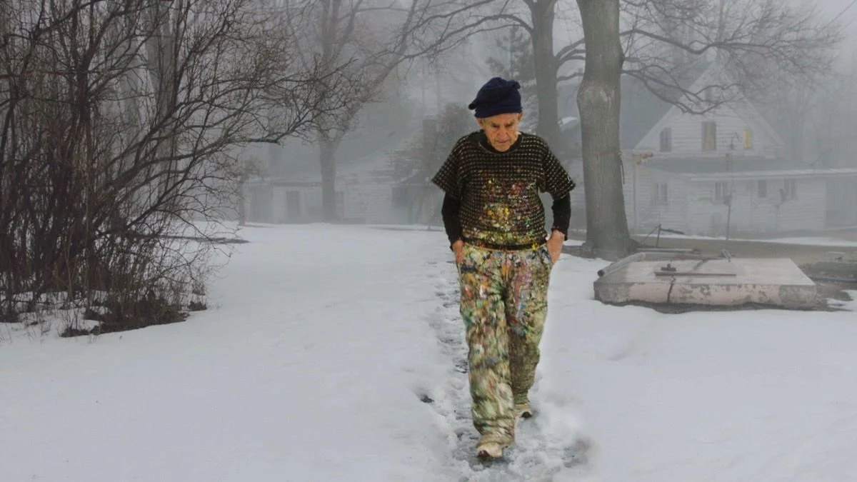 Still from The Price of Everything (2018), featuring Larry Poons. Courtesy of HBO, via Artsy