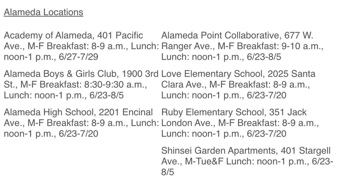 Here are the free summer meal sites in Alameda open to all youth 18 and under. Please share this list with families in need.