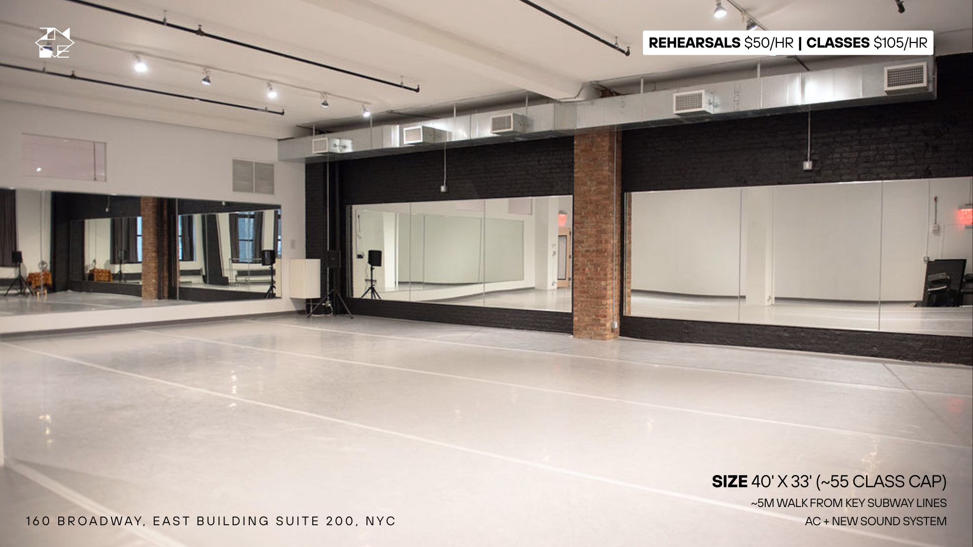 Mirrored dance studio rental in Lower Manhattan at IMGE Studios, a South Asian dance and wellness studio, with brick columns and track lighting for rehearsals and classes
