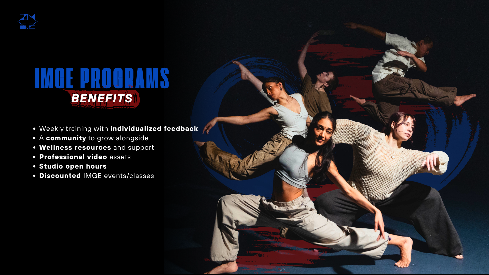IMGE Programs benefits at South Asian dance and wellness studio in NYC: weekly training with feedback, community, wellness resources, fusion dance classes, and pop up classes