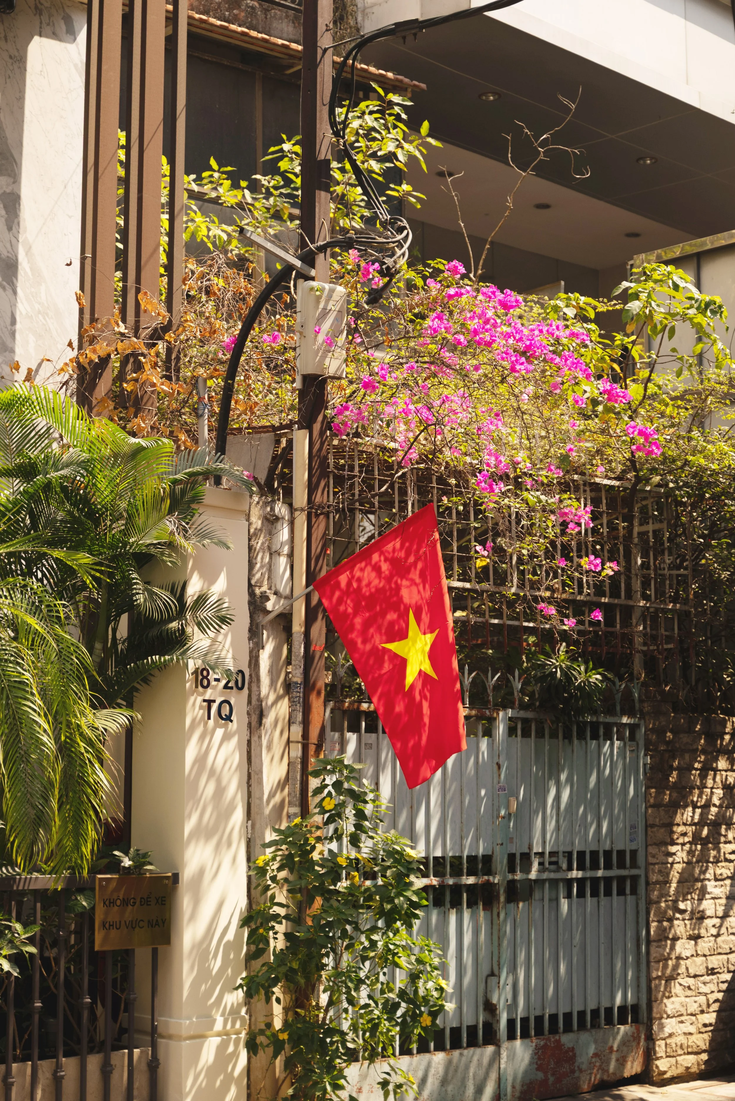 vietnam flag on flower lined street in ho chi minh city