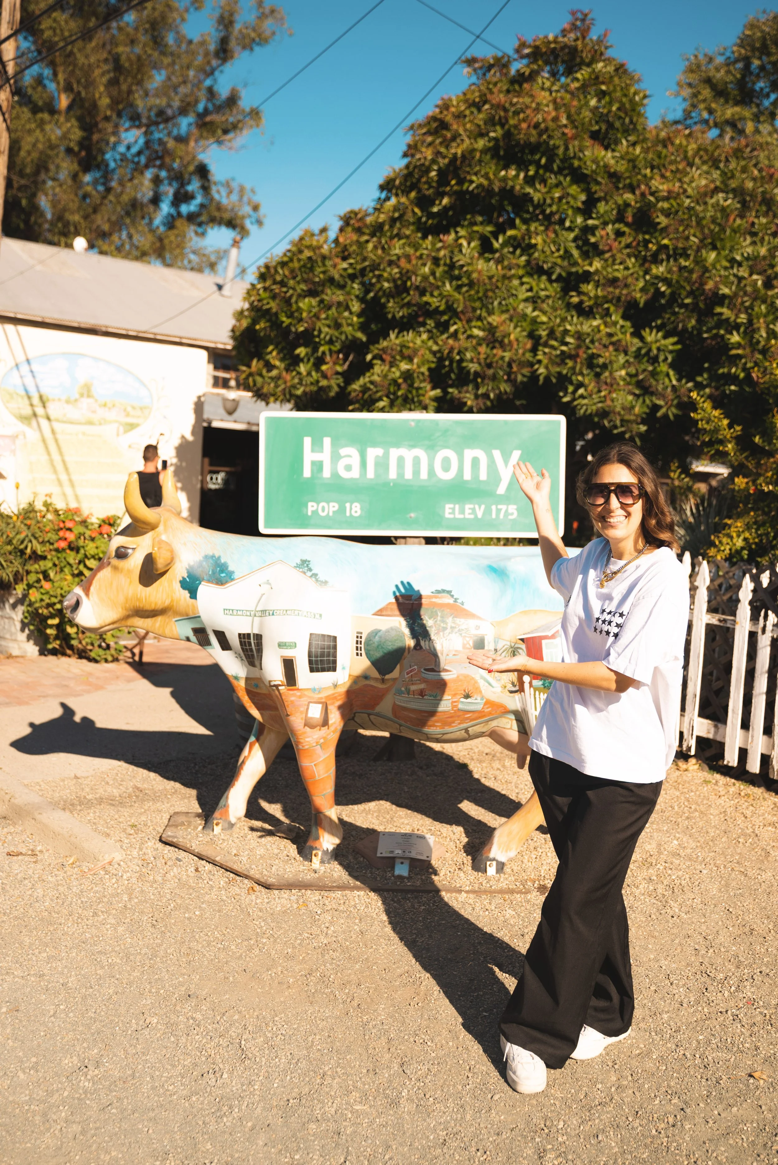 girl standing in front of harmony california population sign