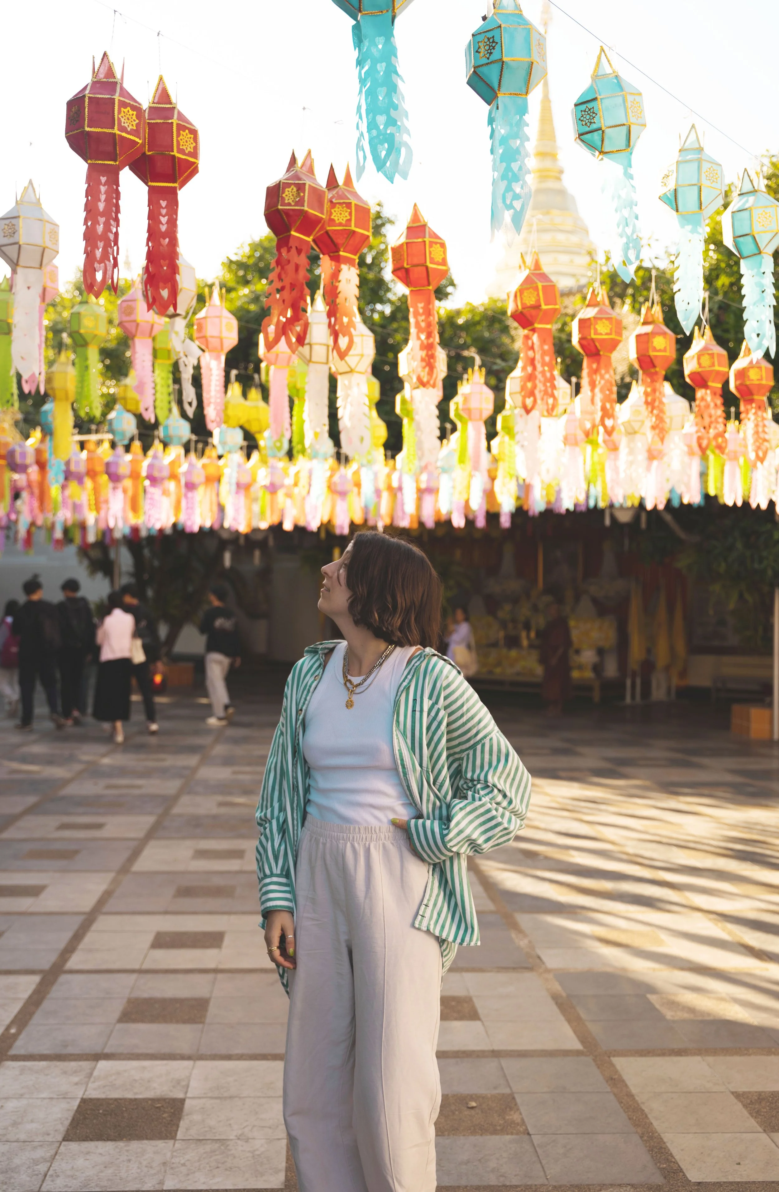girl standing under coloful lanterns at Wat Phra That Doi Suthep