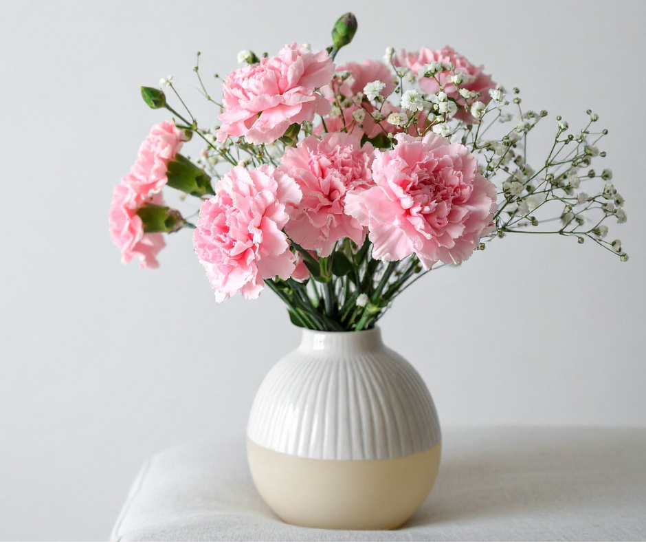 Soft pink and white carnations in a vase, allergy-friendly flower arrangement from Blooming Canyon, Phoenix AZ.