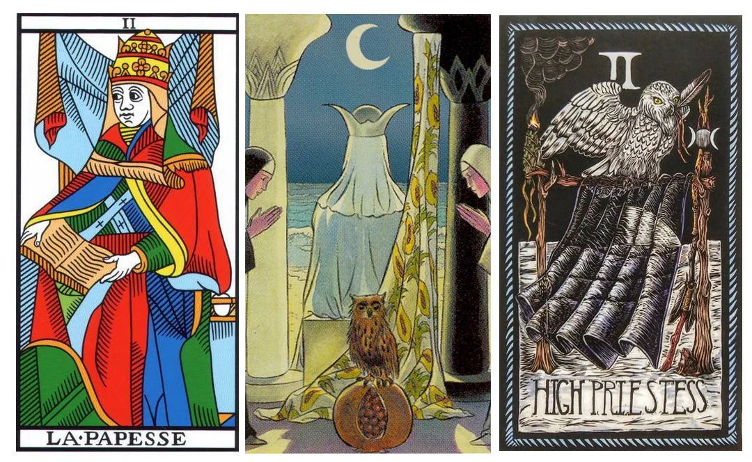 Priestesses from the Jodorowsky-Camoin Tarot de Marseilles, the Vice Versa Tarot and the Brady Tarot