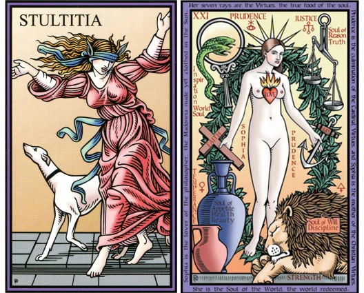 Robert Place’s take on the Fool and the World, in the Tarot of the Sevenfold Mystery.