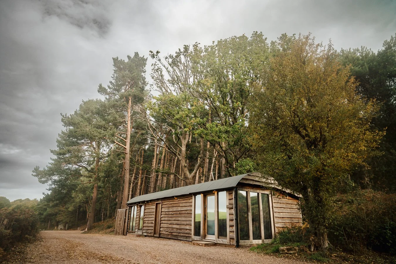 Log cabin, surrounded by trees in Shropshire's picturesque countryside.