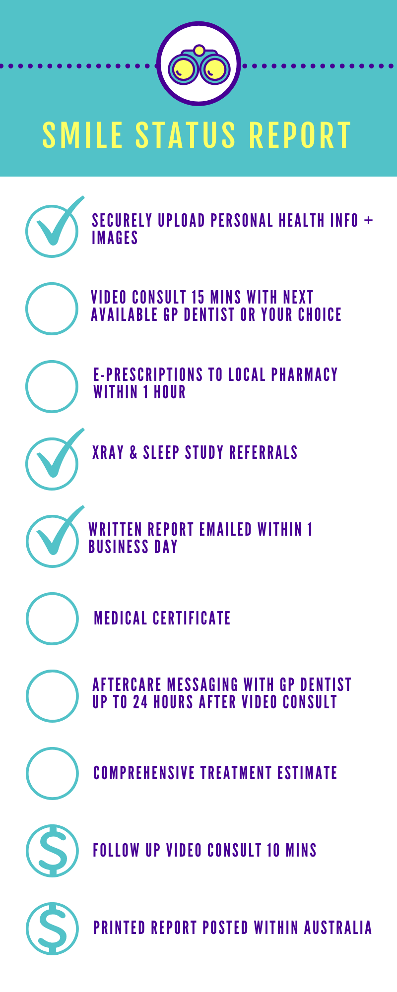A Smile Status Report gives you a written report about your current oral health status, prepared by an experienced general dentist.   The dentist will review your securely uploaded personal health information (PHI), give you a written report, indicate possible diagnoses and provide suggested next steps to best resolve your oral health concern within 2 business days of receiving your completed PHI information, photos and forms.    NB:    e-prescriptions and medical certificates  cannot  be provided with this type of consult.  Please choose the Emergency or Comprehensive Consult options if you believe you will need prescription medication of any kind, or a medical certificate for your dental situation.   See below for dental concierge extras available for purchase with a Smile Status Report.