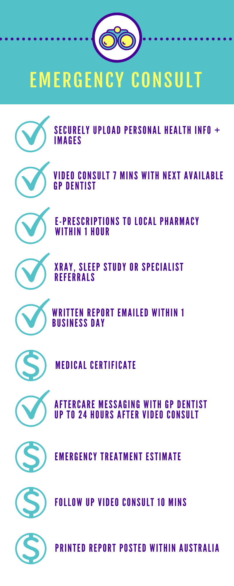 An Emergency Consult gives you everything included in a Smile Status Report PLUS    - a 7 minute video consult with an experienced general dentist at a scheduled time ;  - access to e-prescriptions, medical certificates* dental treatment estimates* and aftercare messaging*;  - access to diagnostic test referrals such as x-ray radiographs and sleep studies if needed.  Troubleshoot your burning oral health questions in real time with an Australian-registered dentist.   See below for a range of dental concierge add-ons are available for additional fees.