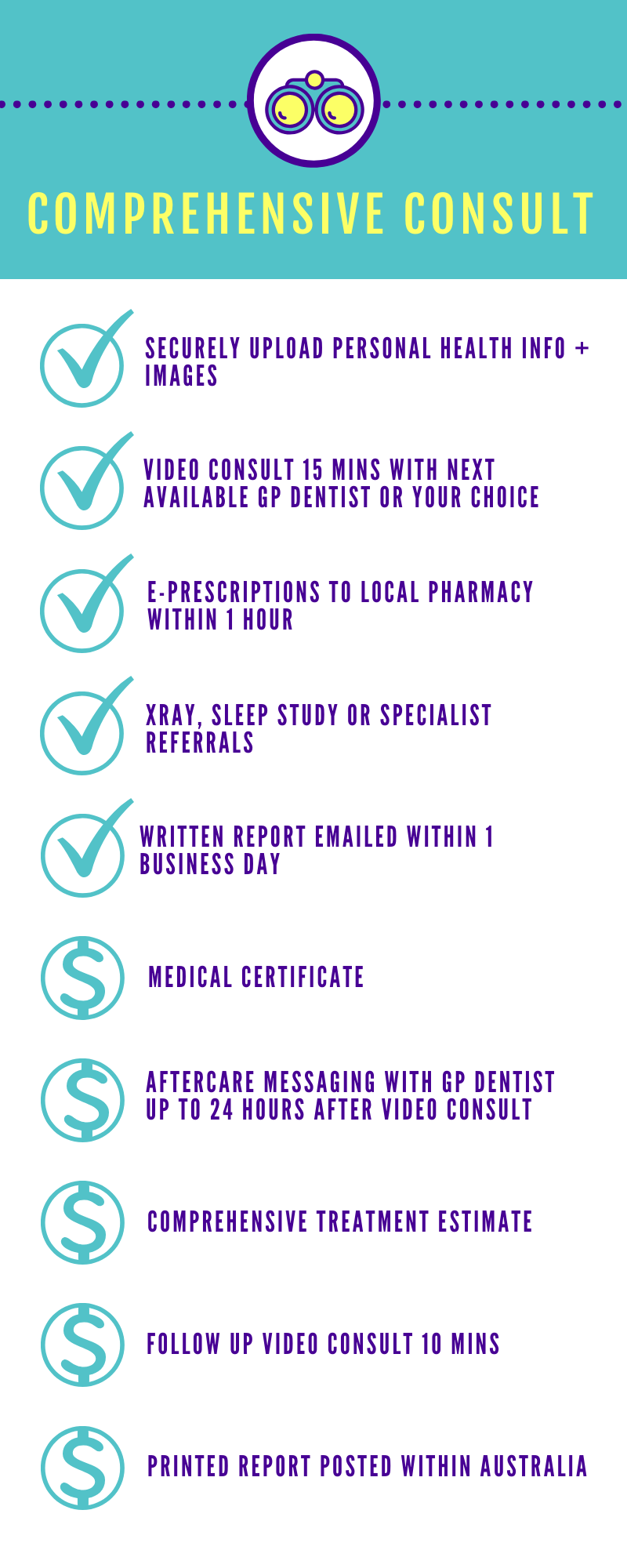 A Comprehensive Consult gives you everything included in a Smile Status Report PLUS    - a 15 minute video consult with an experienced general dentist at a scheduled time ;  - access to e-prescriptions, medical certificates*, a comprehensive dental treatment estimate* and aftercare messaging*;  - access to diagnostic test referrals such as x-ray radiographs and sleep studies if needed.  Get a full virtual assessment of your dental and oral health status without having to visit a dentist in person.   See below for details of dental concierge add-ons available for additional fees.