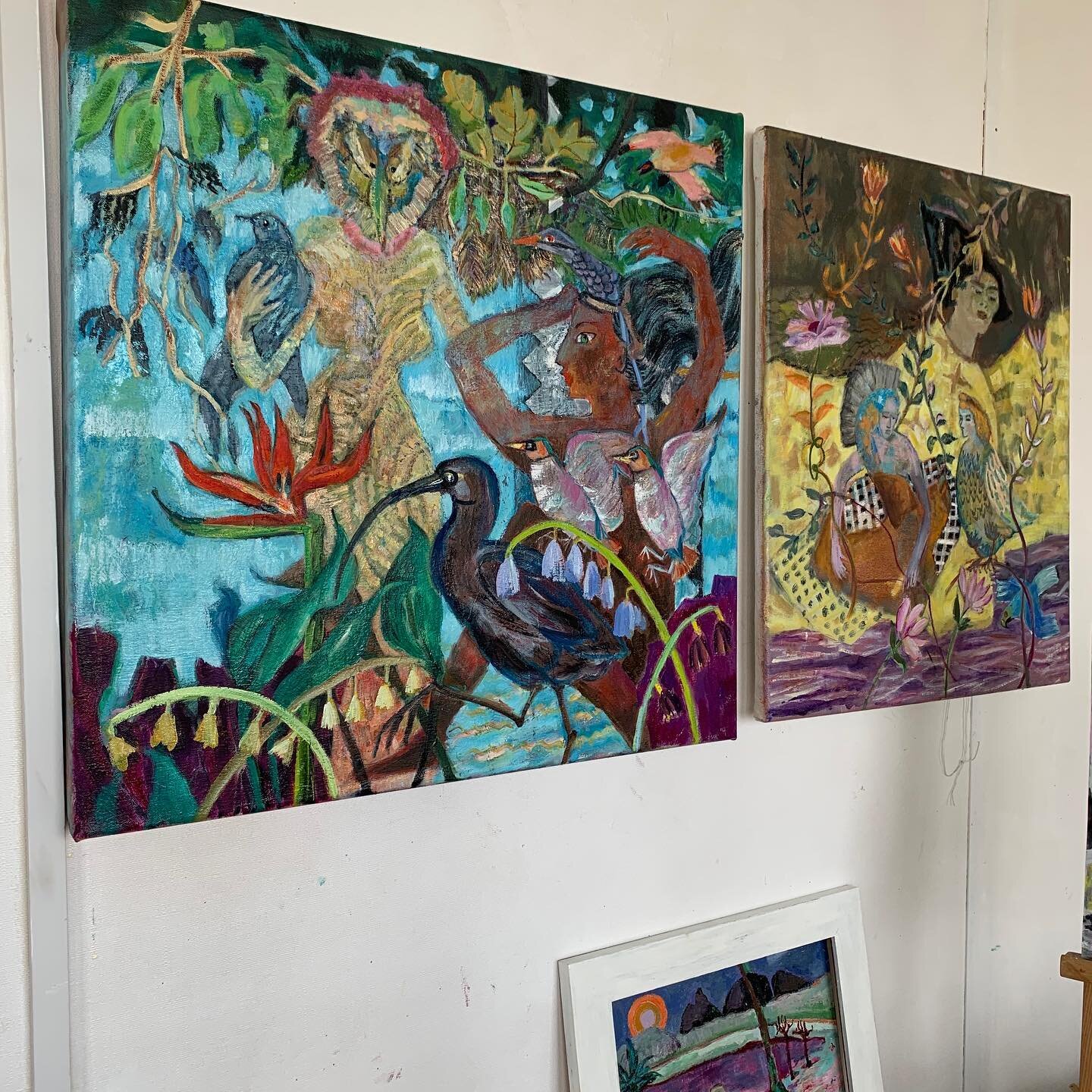 These two are nearly finished from the Alkonost and Satyr series. Mythological flying hybrids of bird women. #oilpaint #narrative #studio #colour #londonartist #mythology #dowhatyoulove #