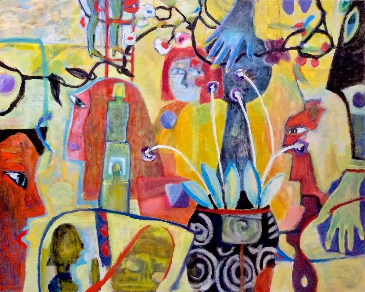 Red Ladder . Someone’s legs disappearing up the red ladder and a variety of symbols and motifs that keep recurring in my work . Mainly , but not uncommonly , the eyes are often present. This work is quite large, 100 x120 cms. #Oil painting#artwork #l