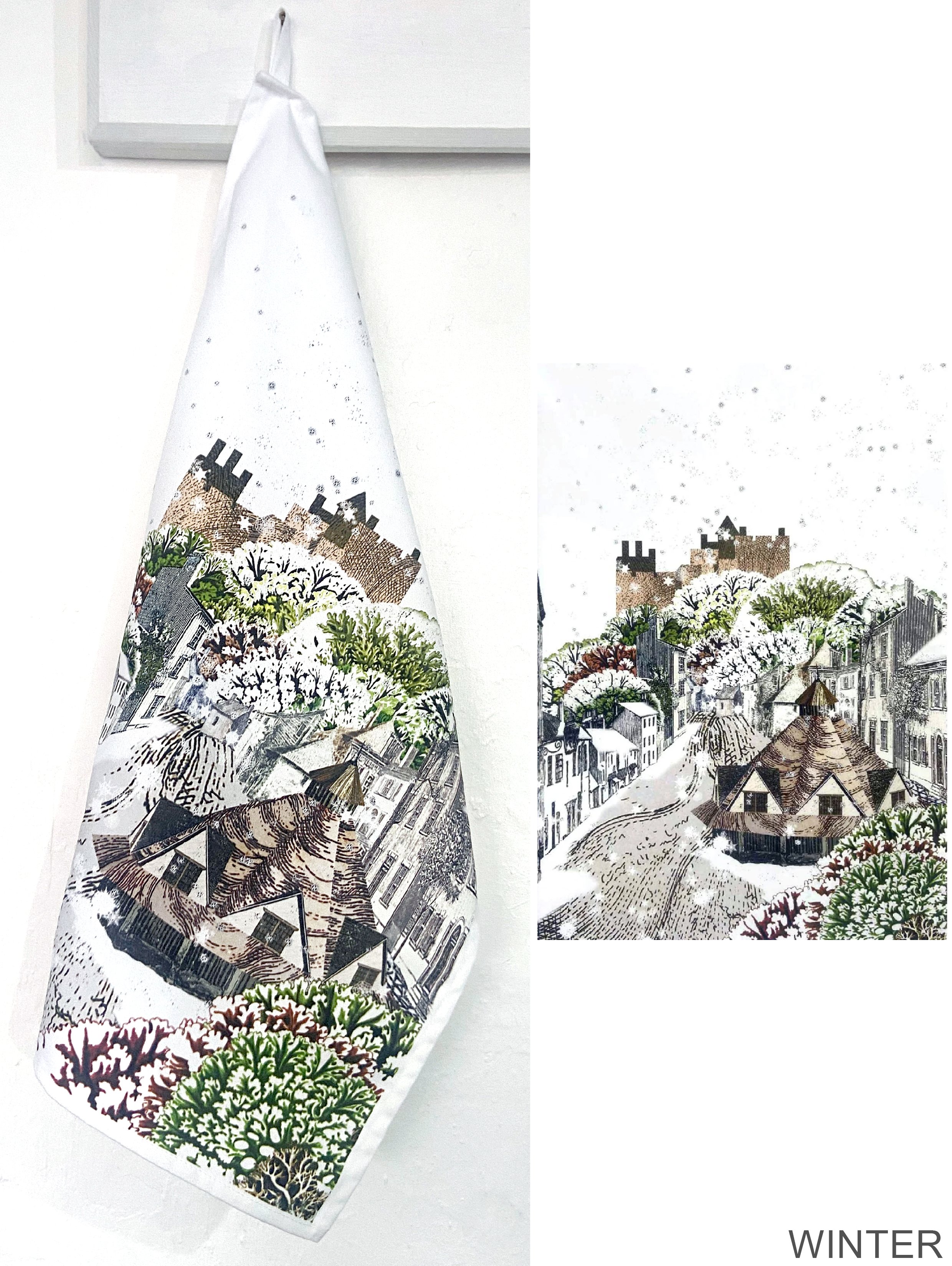 Bespoke collage art teatowels, prints and cards - Dunster winter/summer