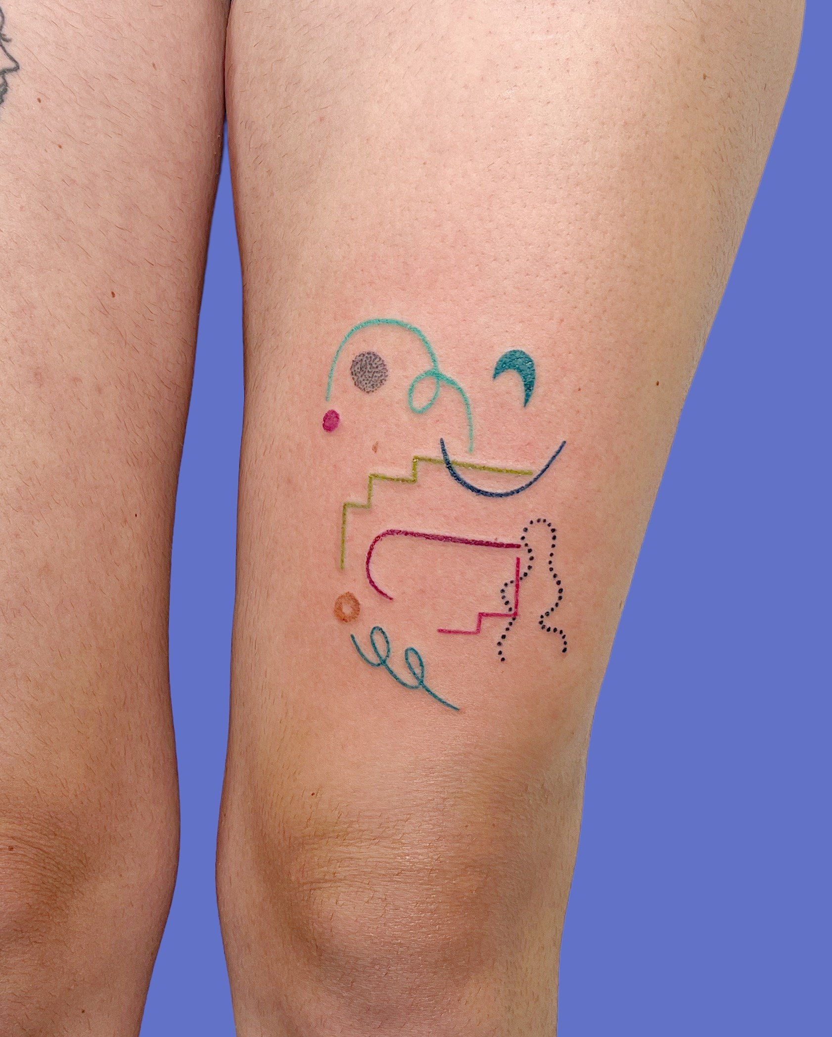 Abstract colorful tattoo composition on leg by madame Unikat.JPG