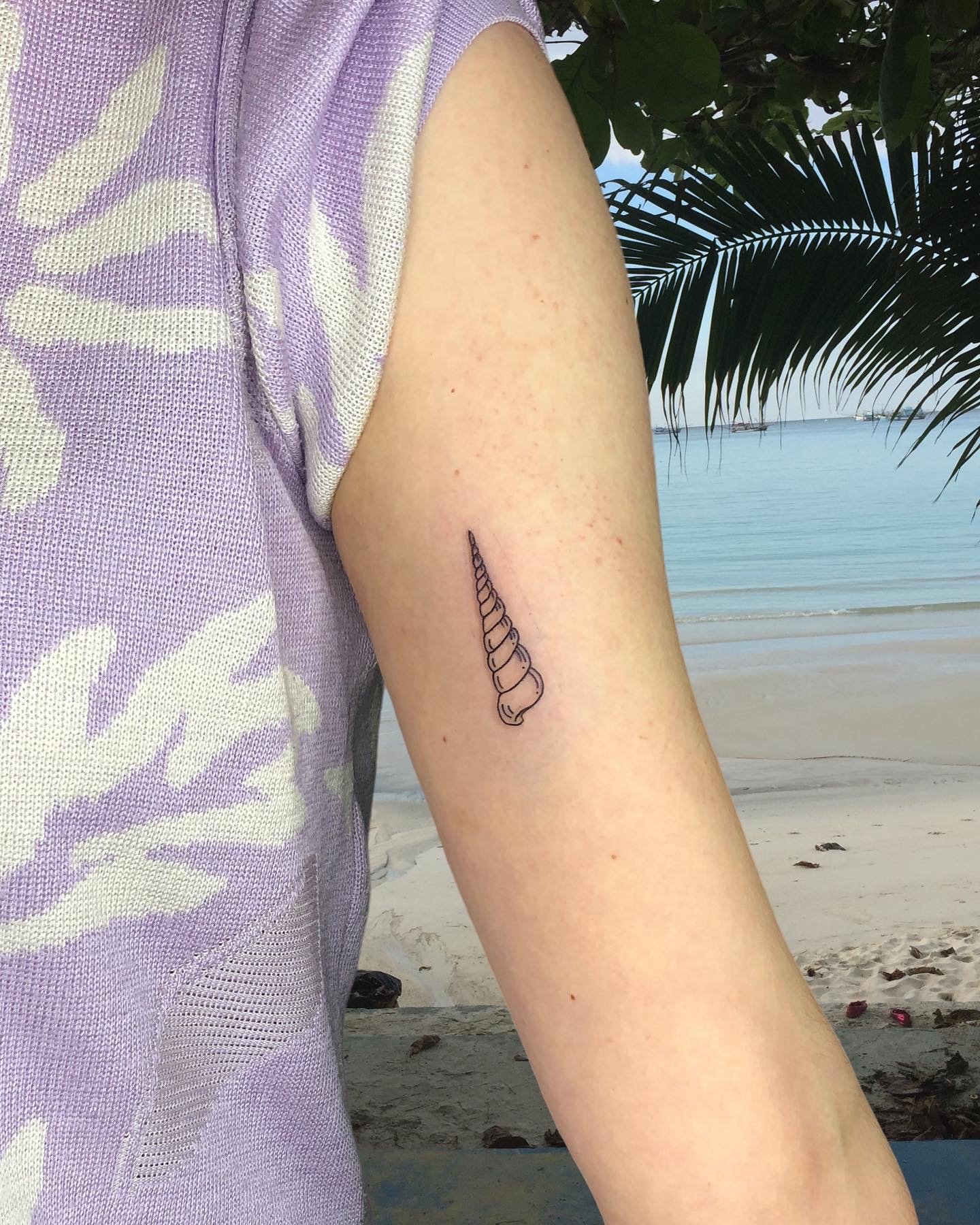 Small simple linework shell tattoo on upper arm.JPG