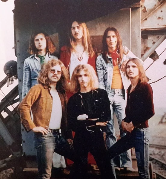 Photo session near Hannover, Summer 1973, featuring the combined Dawn Road/Scorpions line-up with keyboard player Achim Kirschning.