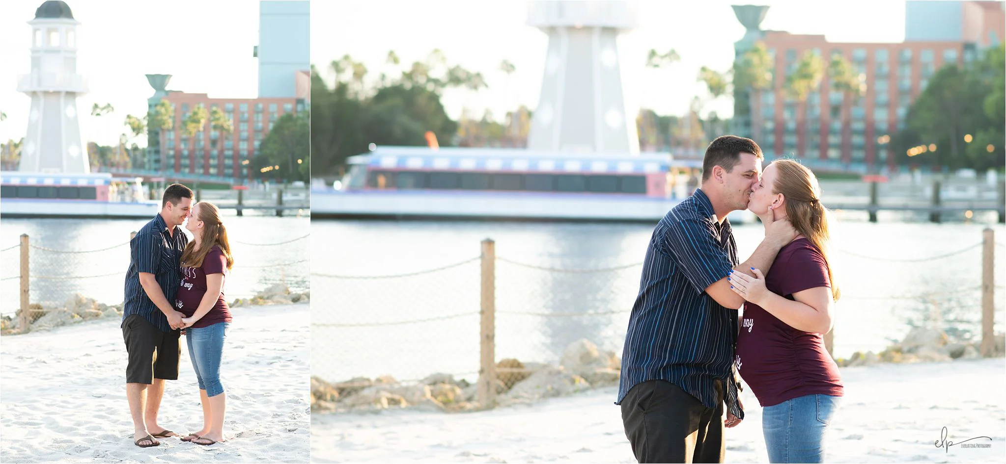 Mom & Dad pose by the beach area at disney's beach club resort.