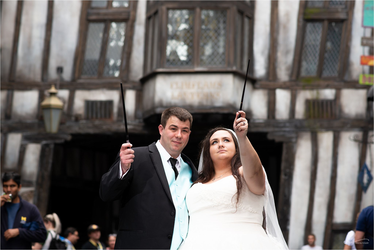 Bride and groom at Diagon Alley