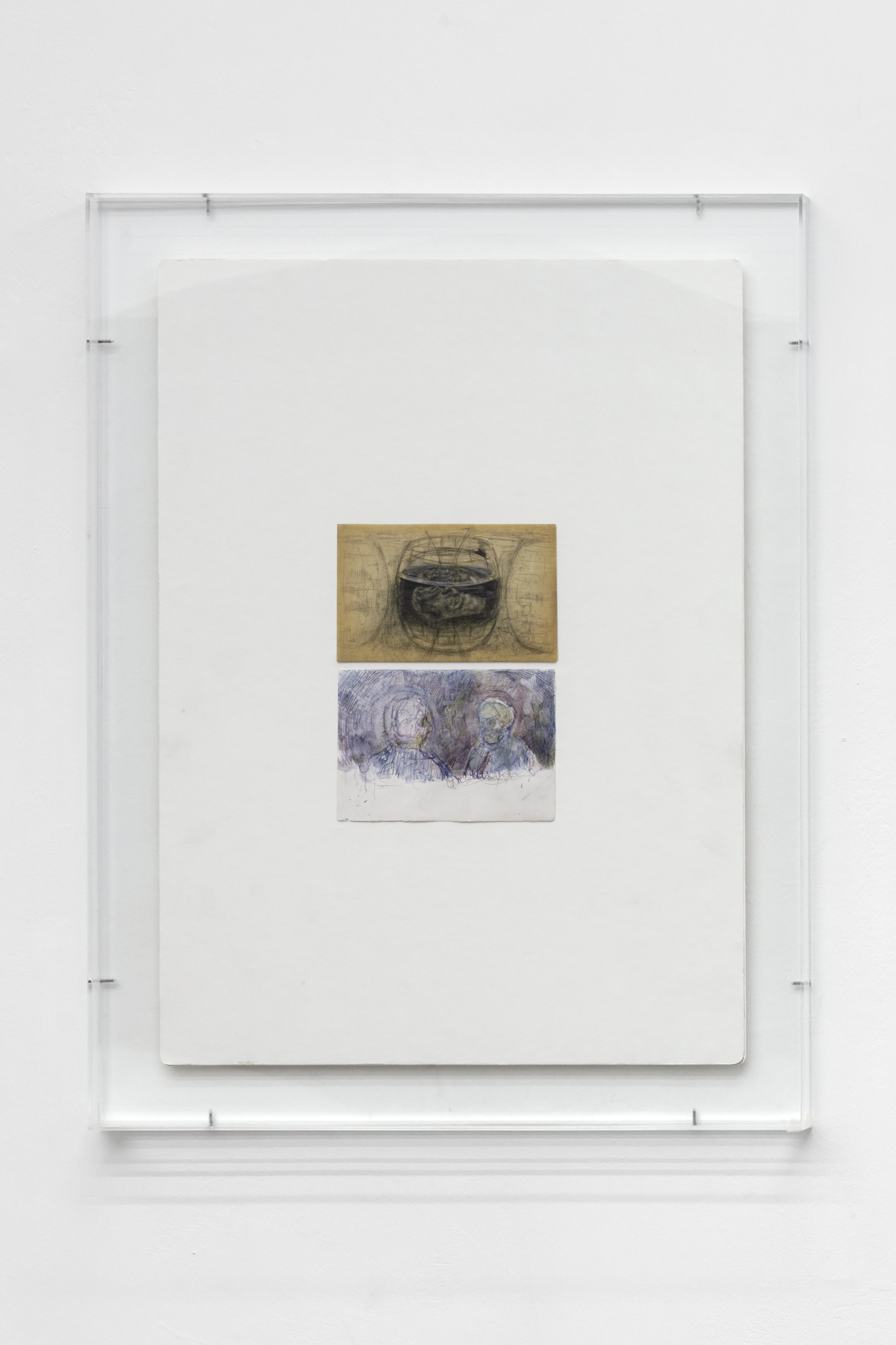  Gavin Bell,  Rooms in shapes of shadow,  2023, Pencil, graphite, watercolour, oil, paper, found and modified mount board, acrylic frame, screws, 646mm x 496mm x 34mm 