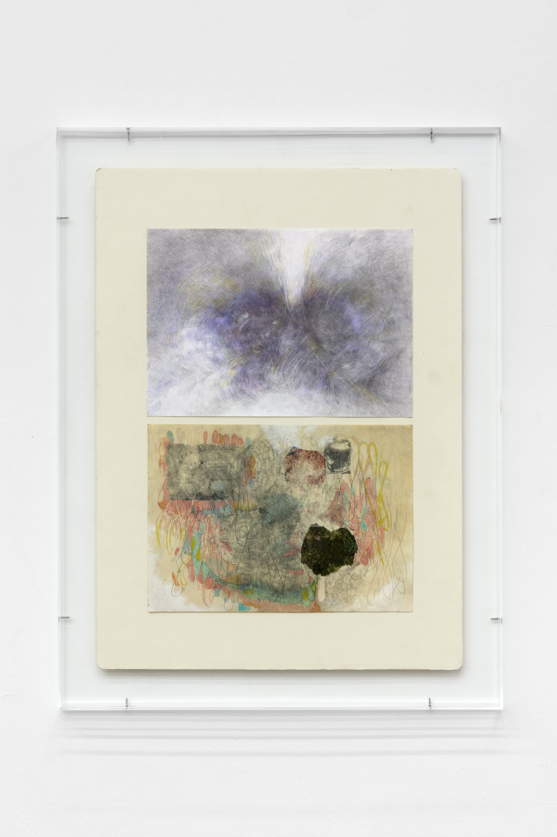  Gavin Bell,  Event, Day anatomy,  2023, Pencil, graphite, oil, paper, newsprint, glue, solvent transfer, found and modified mount board, acrylic frame, screws, 646mm x 496mm x 34mm 