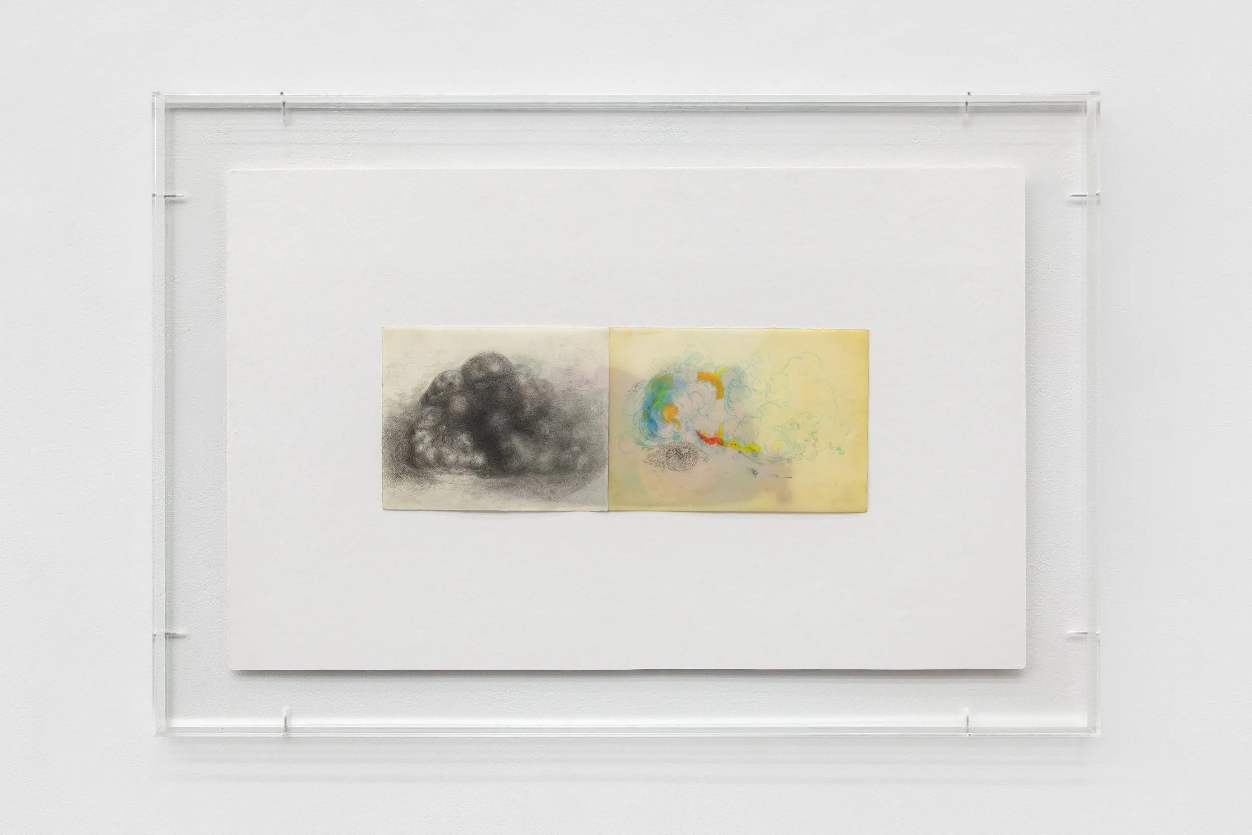   Cloud, frame   pencil, paper, oil, plastic, found mountboard, acrylic frame, screws 64.5 x 49.5cm 