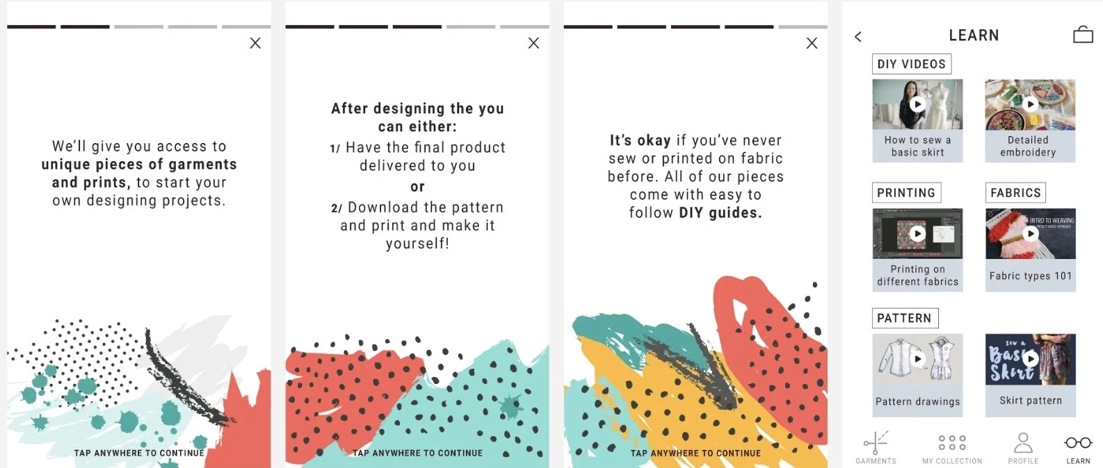 Tutorial screens for first-time users of the app.