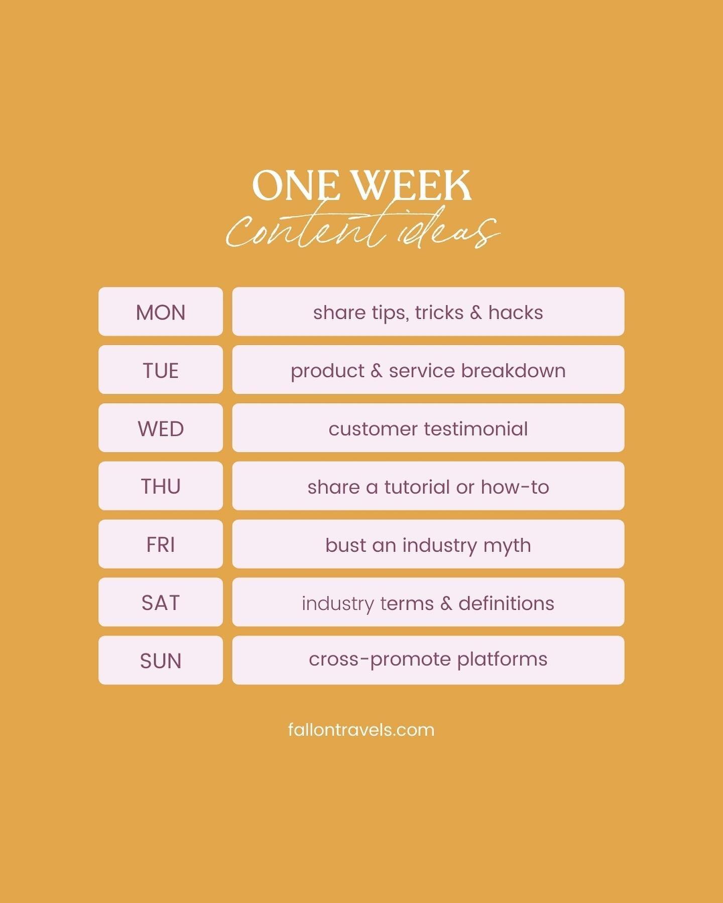 One week&rsquo;s worth of (easy) content ideas?! Yes please.🙌🏼
⠀⠀⠀⠀⠀⠀⠀⠀⠀
You&rsquo;ll want to save this post to come back to!😉🌟
⠀⠀⠀⠀⠀⠀⠀⠀⠀
You can of course use these ideas for Instagram feed posts, Reels, IGTV &amp; stories, but they can also be 