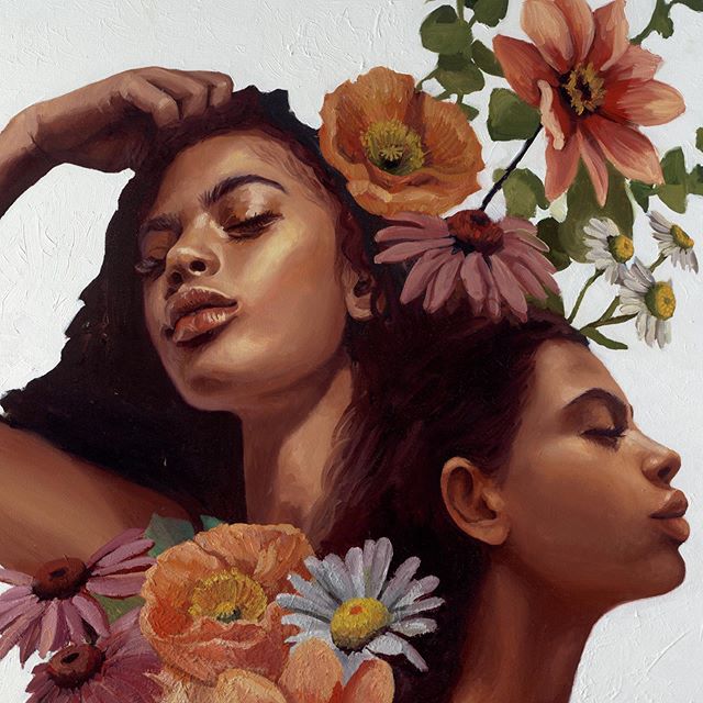 Happy to be done with this piece. At one point I scraped some of the old paint layers off with a razor because it was getting so thick in some areas. You can still see the chunky layers of paint under and around the flowers. 😊.
.
.
.
.
.
.
.
.
.
. .