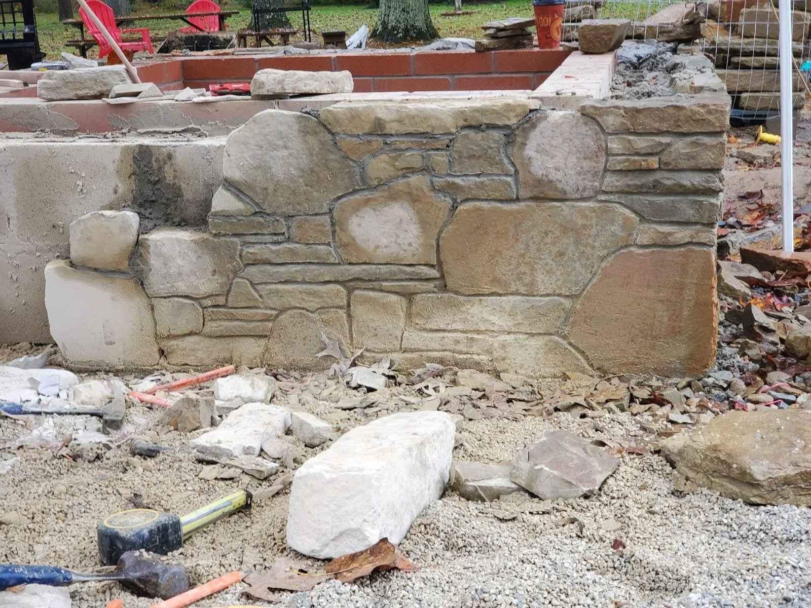 Construction in progress on a patio project in Rocky River, Ohio