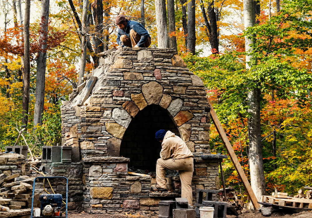 Two workers constructing a stone outdoor fireplace or oven in a wooded area during autumn, with colorful fall leaves surrounding them.