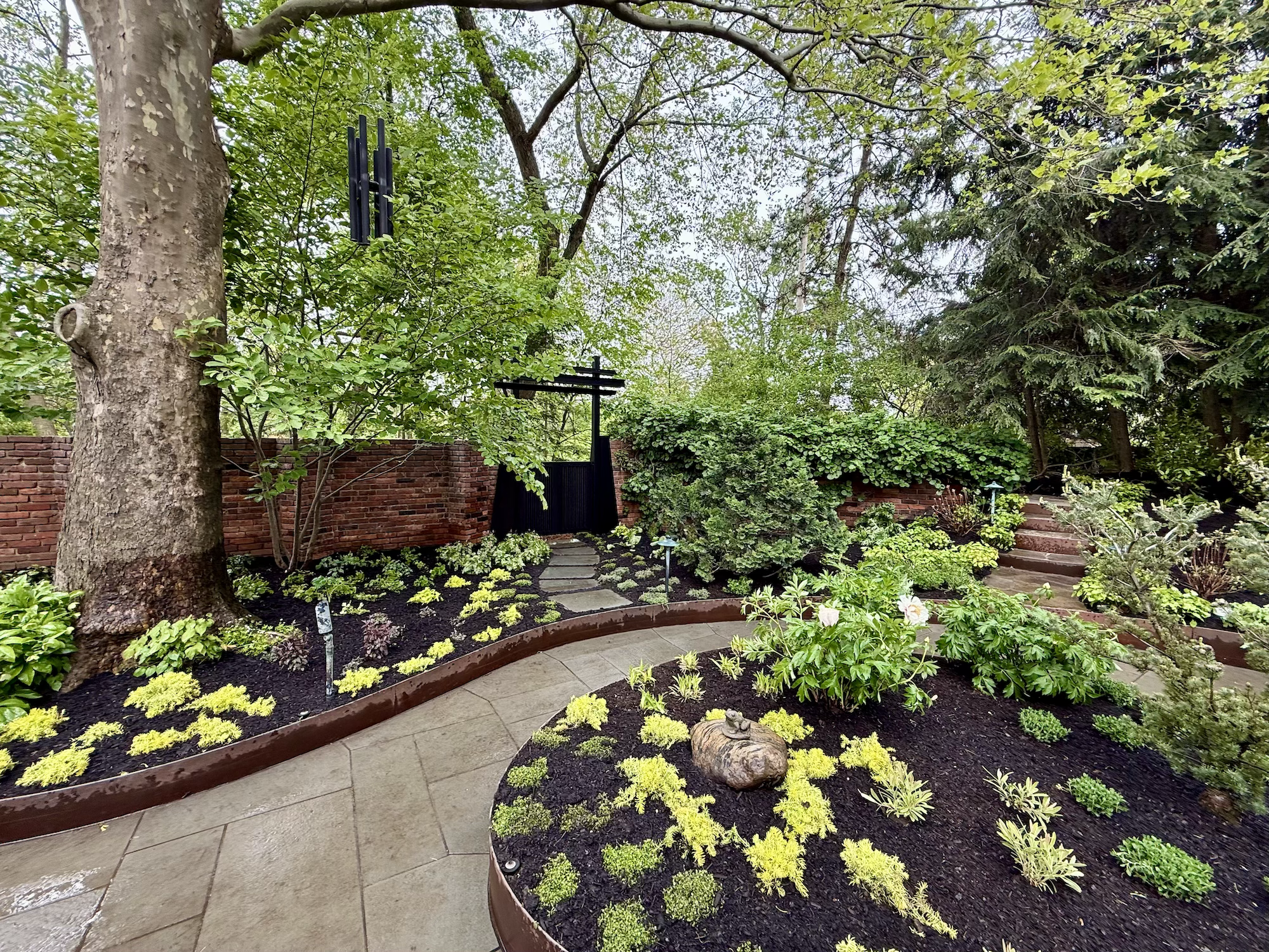 A lush green garden with a curved paved pathway, surrounded by various plants, shrubs, and trees. A large tree with textured bark is on the left, and there are steps leading up on the right. In the background, there's a tall brick wall and a black ga