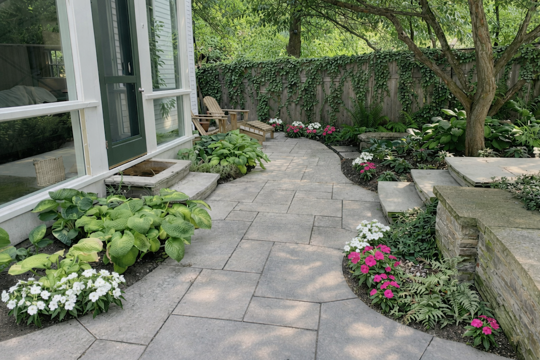 A backyard patio with stone pavers, surrounded by flower beds containing white, pink, and purple flowers, with a wooden fence covered in green vines and trees in the background.