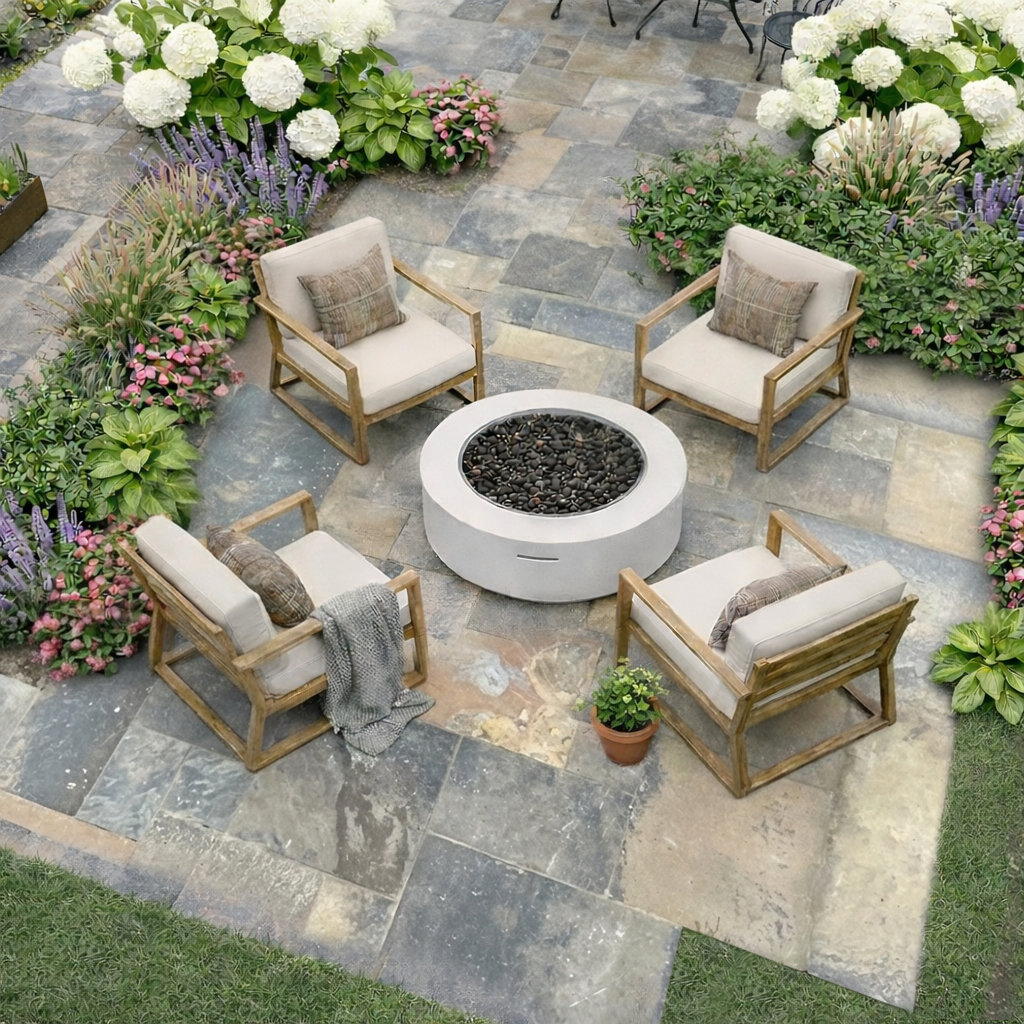 An outdoor patio with four beige cushioned wooden armchairs arranged in a circle around a white fire pit filled with black stones, surrounded by lush flowering plants, including white hydrangeas and pink and purple flowers, on a stone-tile floor.