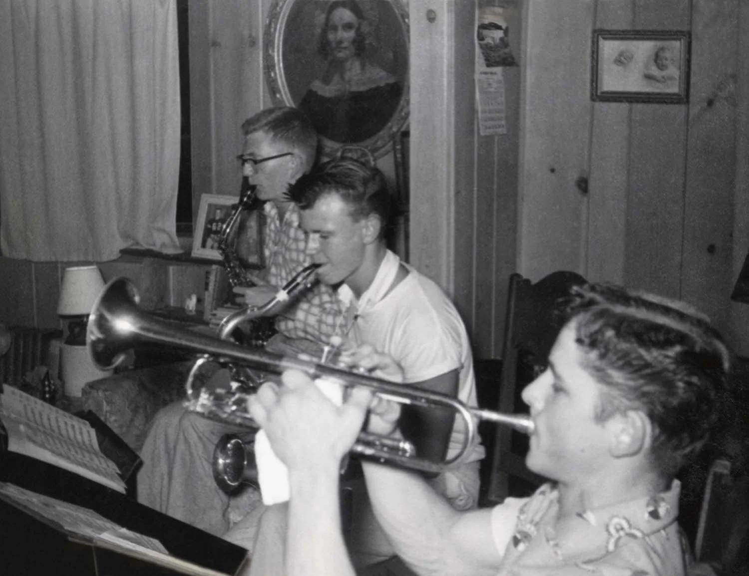 Burke, age 16 after only one year as a band leader rehearsing the guys - Moose (first chair trumpet at Fife High School), Burke on Tenor Sax, and Ken Fisher Alto - at camp, the home where he grew up.