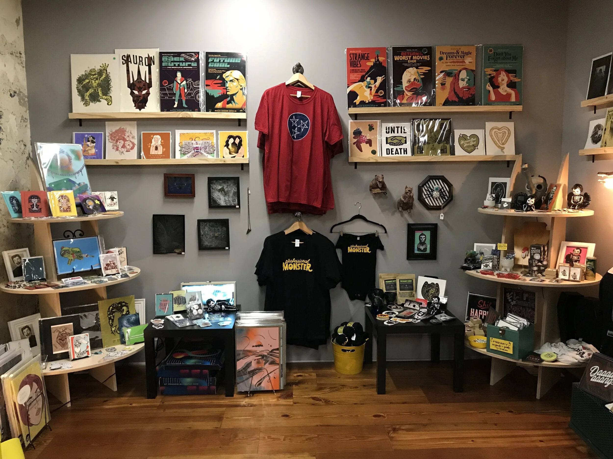 Custom designed shelving and print racks at Monster Market 2019
