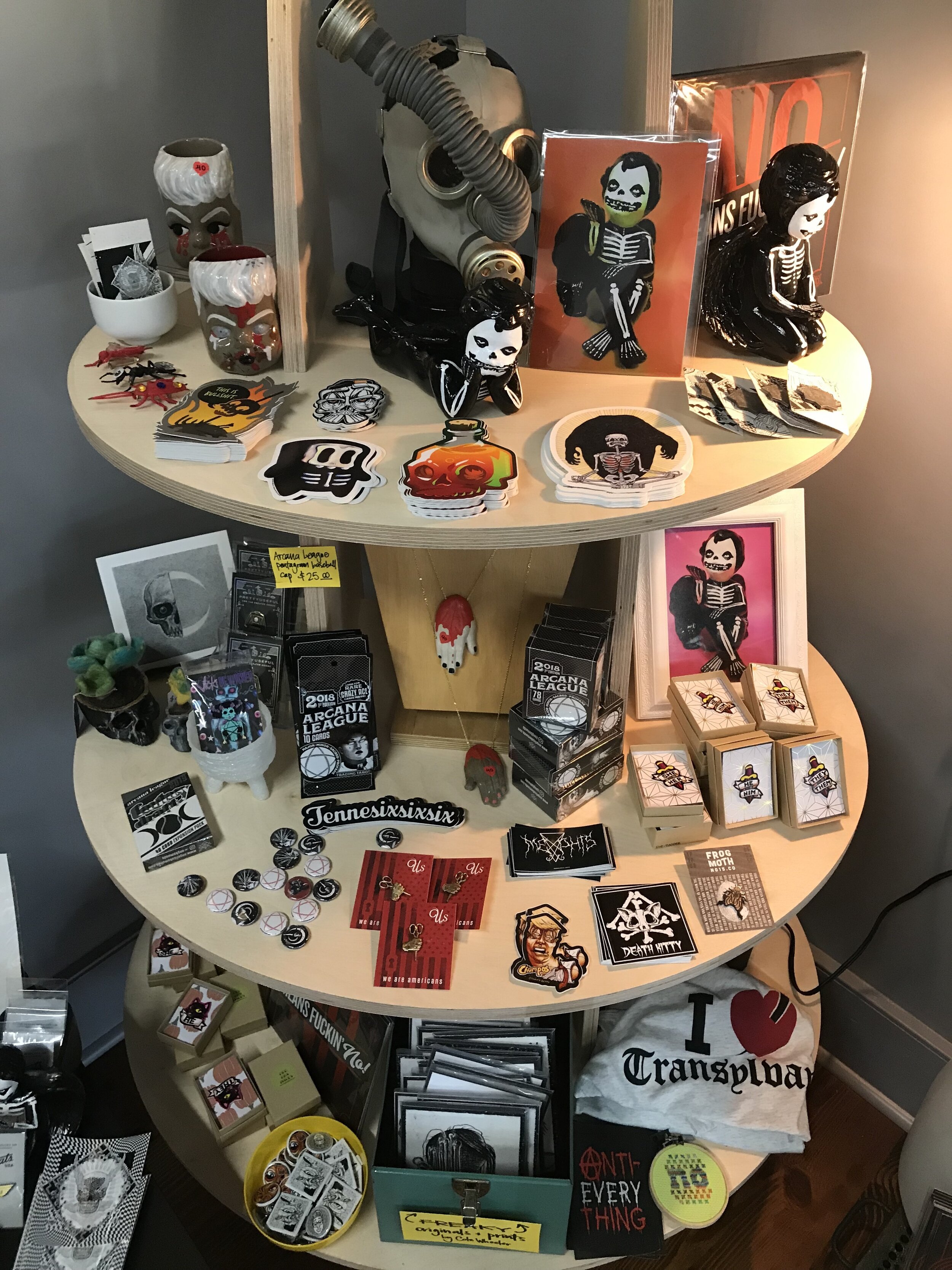 Custom built shelf stocked with dark, evil goods.