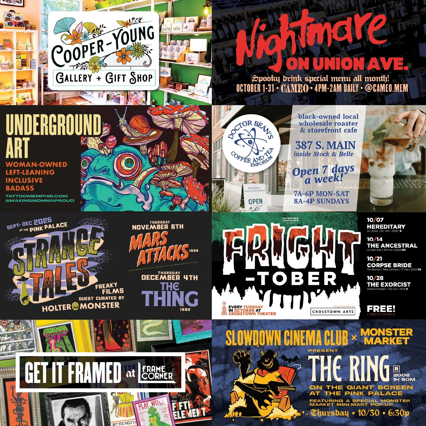 Shout-out to our Lookbook Sponsors! Monster Market is a scrappy DIY outfit made possible by a whole community of helpers, volunteers, supporters, partners, and sponsors. 
Thank you to Cooper-Young Gallery & Gift Shop, Cameo, Underground Art, Doc