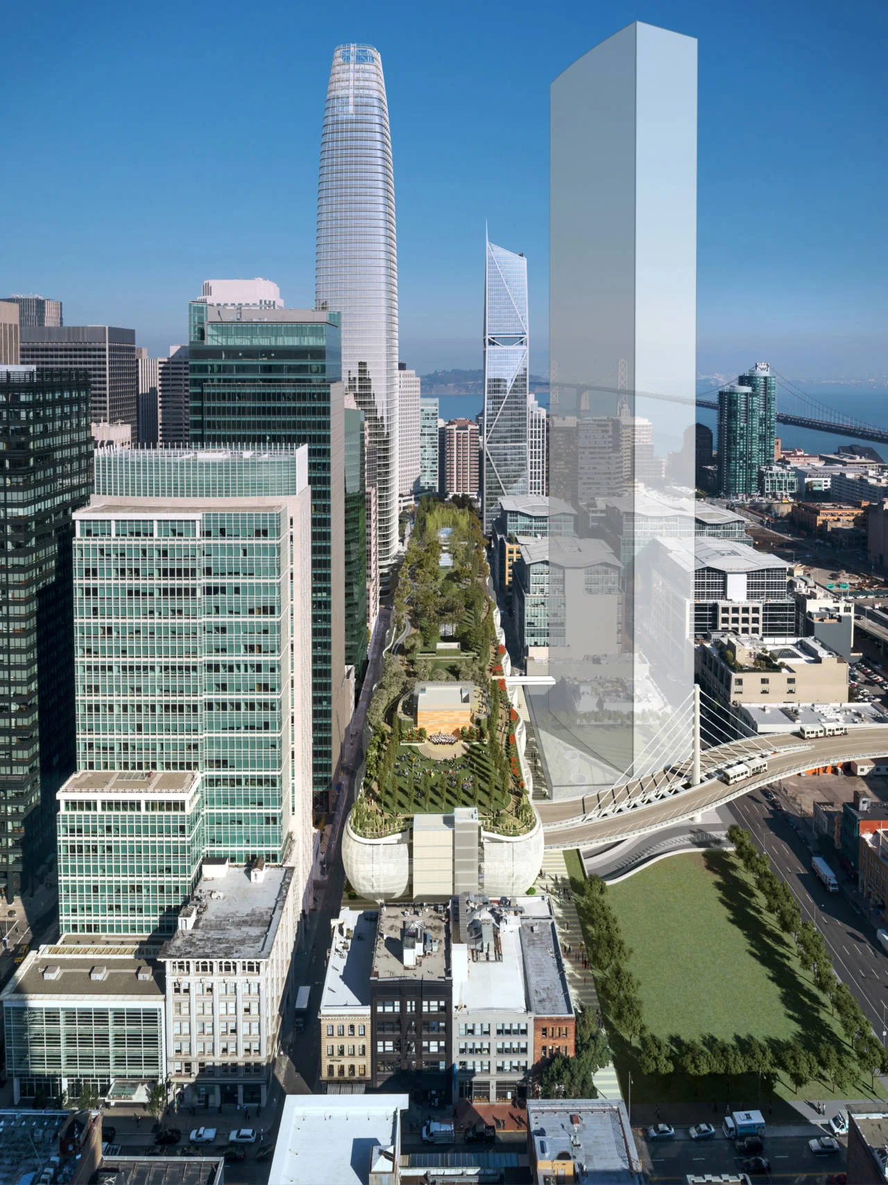 Rendering of finished facility showing rooftop park; project architect: Pelli Clarke Pelli. Image: TJPA