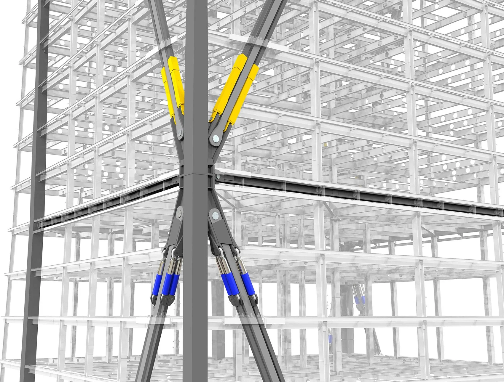 Rendering of northwest meganode on the 20th story of 181 Fremont. The viscous dampers, shown in blue, control the rate at which the megabrace stretches and compresses.