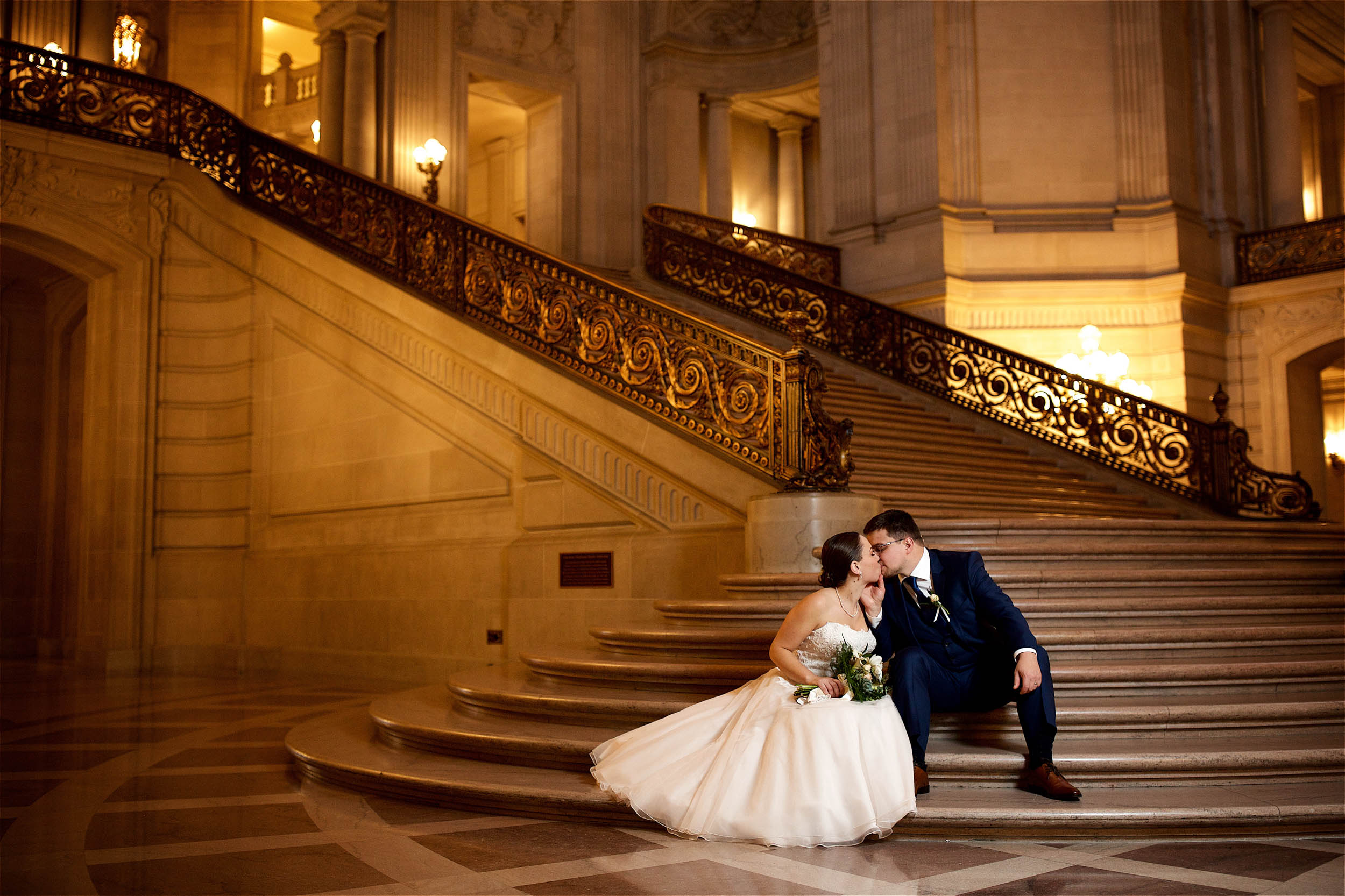 San Francisco City Hall staircase wedding photo 