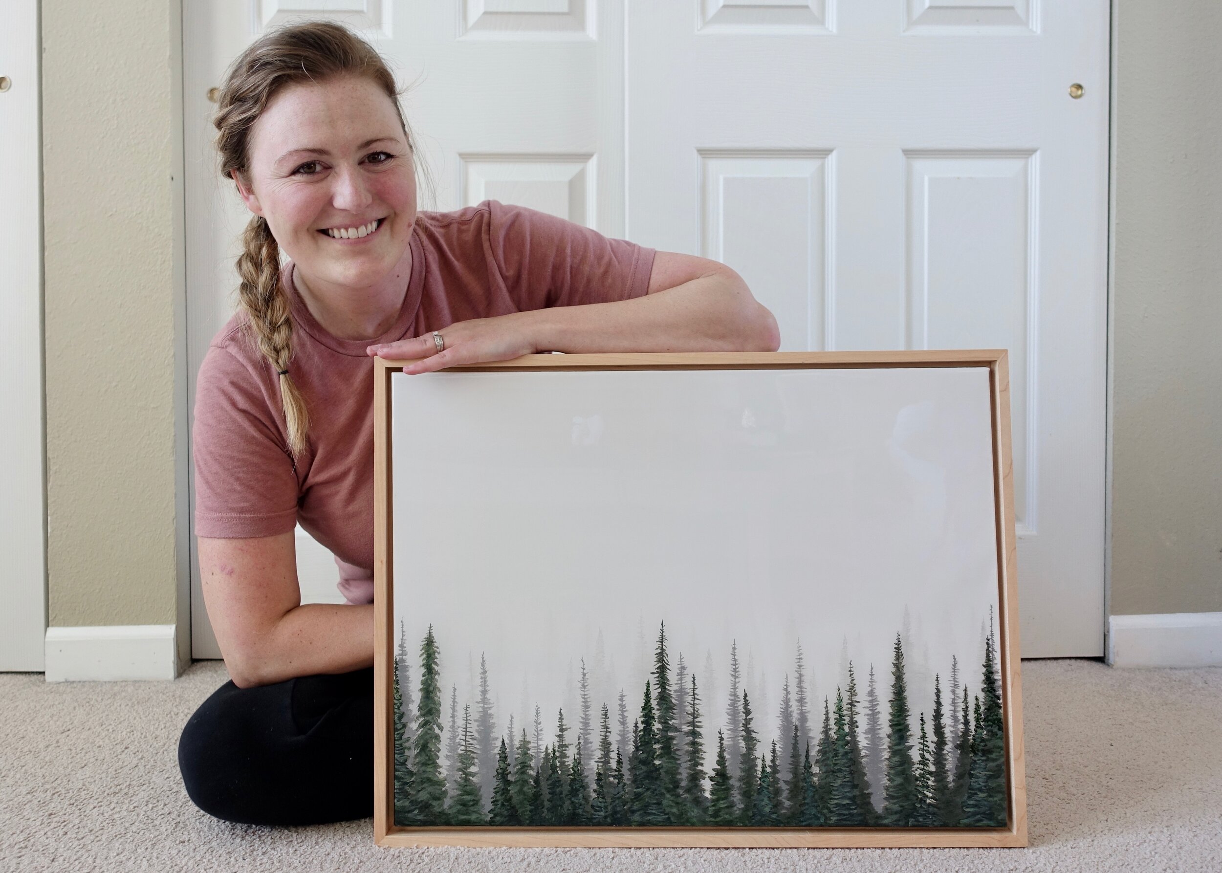Misty Evergreen Acrylic on Canvas, framed 24” x 18” $400