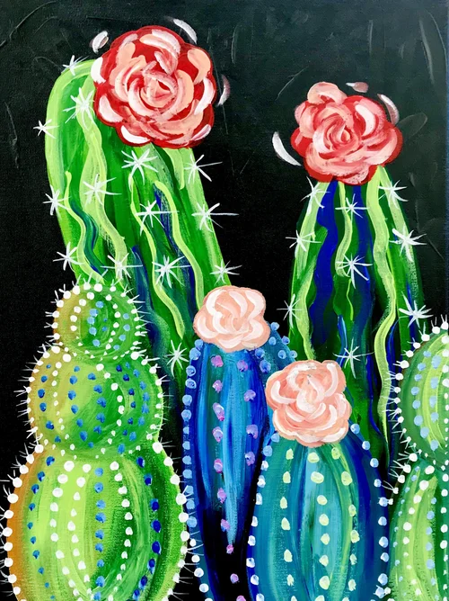 Blooming cactus on canvas
