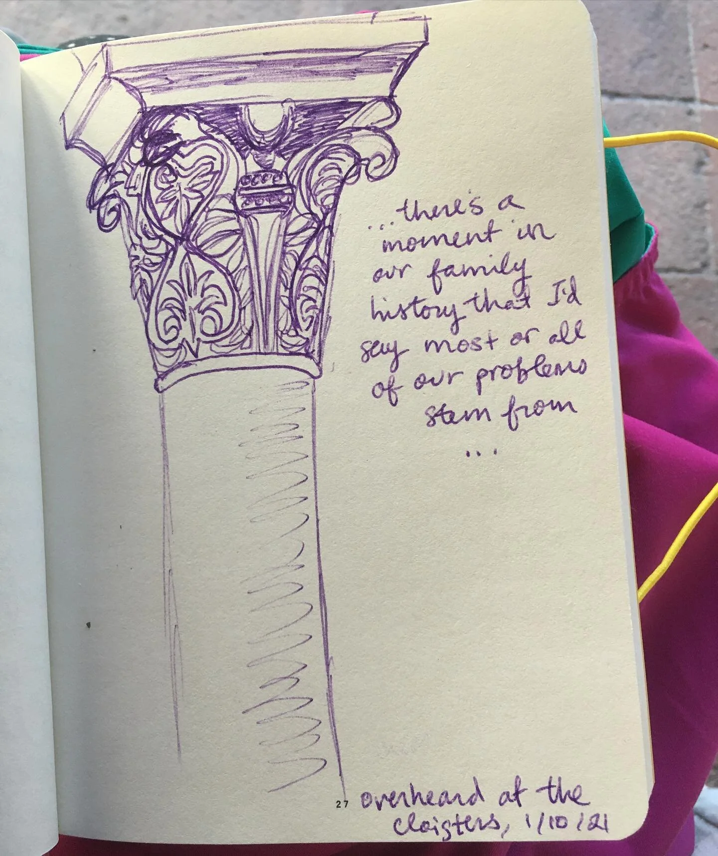 93/100 sketching &amp; crocheting at the met cloisters on sunday! (the yellow is mine, my friend made the gorgeous scarf underneath!) #the100dayproject #100daysofwhoknows