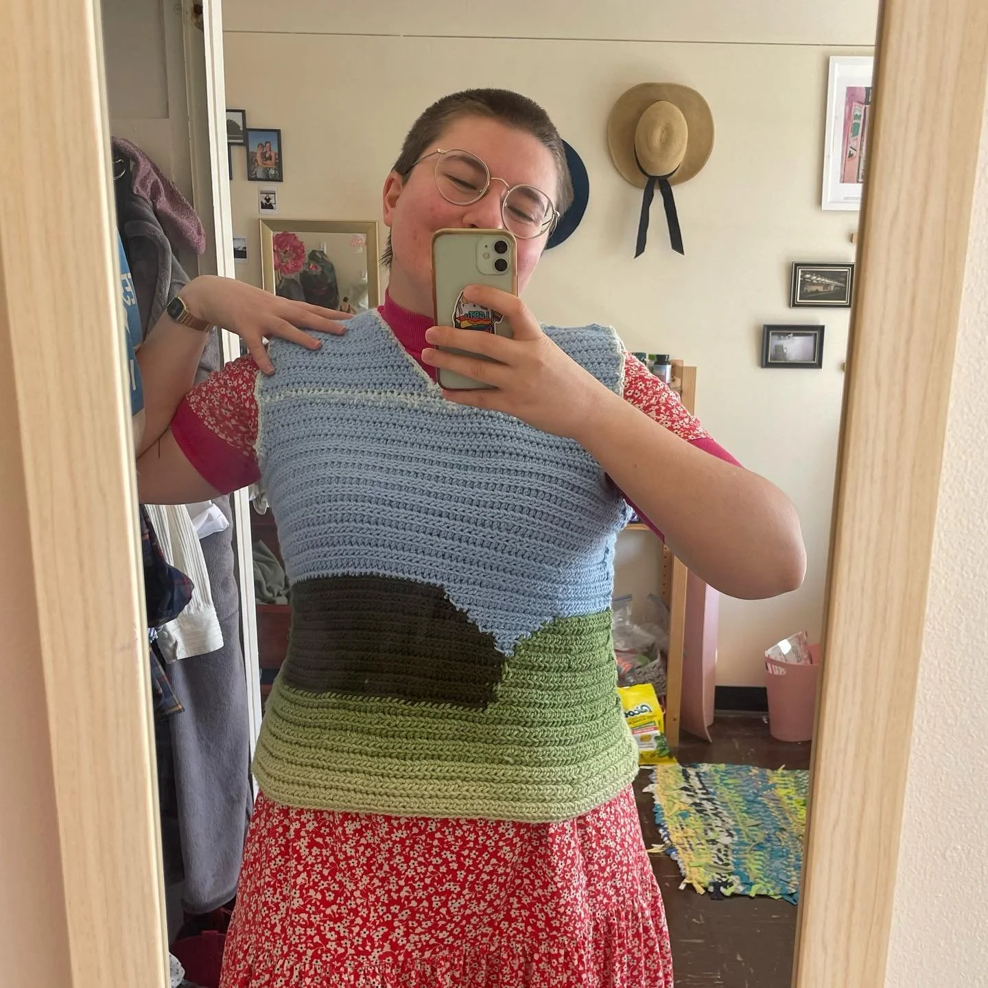 finally finished my landscape sweater vest!!! might embroider some fluffy clouds or sheep onto it, stay tuned👀 ⛰️🐑🌳☁️🌦️ #crochet #crochetvest #crochetlandscape