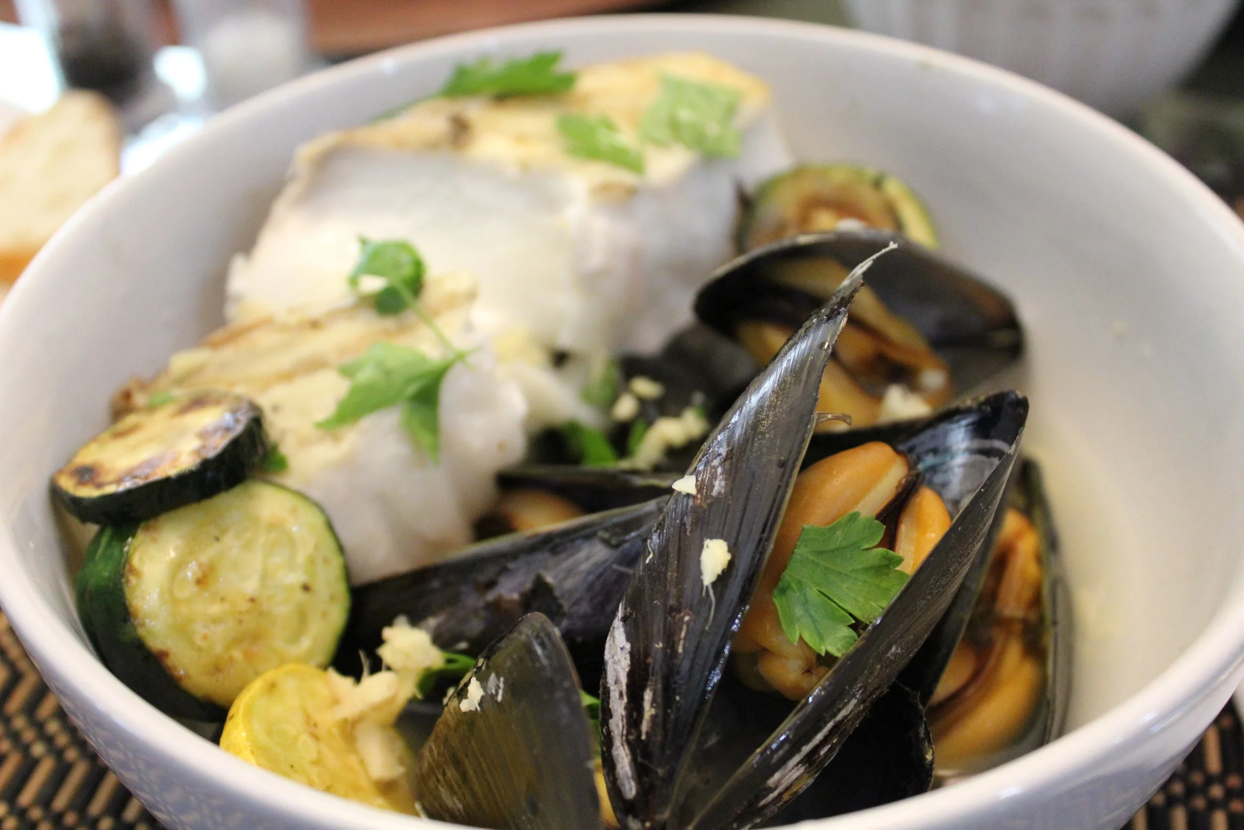Halibut Fillet Dinner with Squash and Mussels