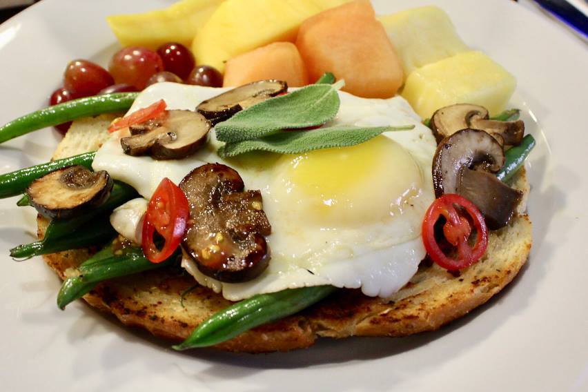 Bruschetta Egg Breakfast with Green Beans and Sauteed Mushrooms