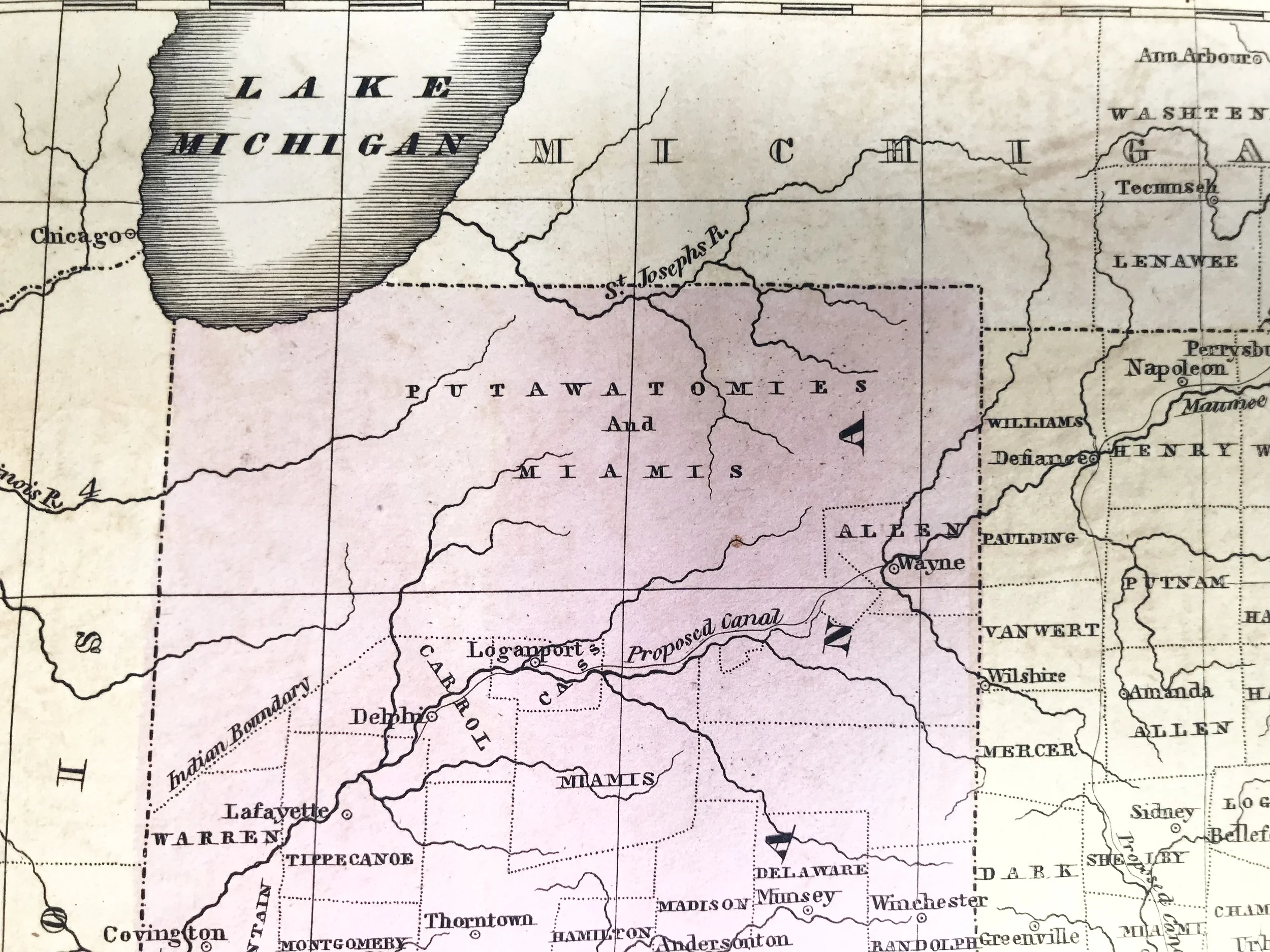  Northern Indiana labeled as Putawatomie and Miami Territory. Chicago labeled as a “Shire Town” near Lake Michigan.  