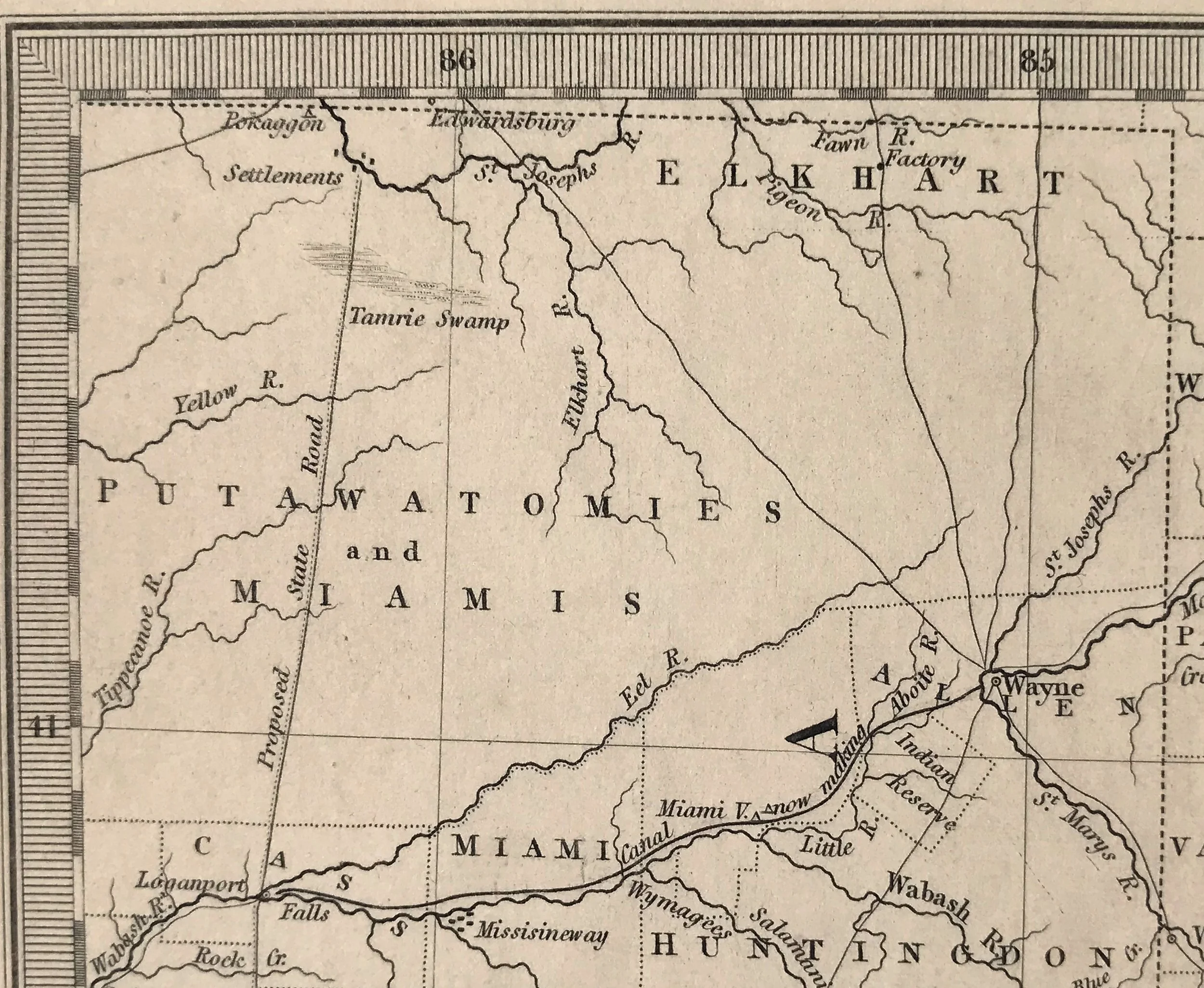  In the top-left of this image, “Settlements” indicates the area where present day South Bend, IN is located. “Indian Reserve” is labeled just south of present day Roanoke, IN.   